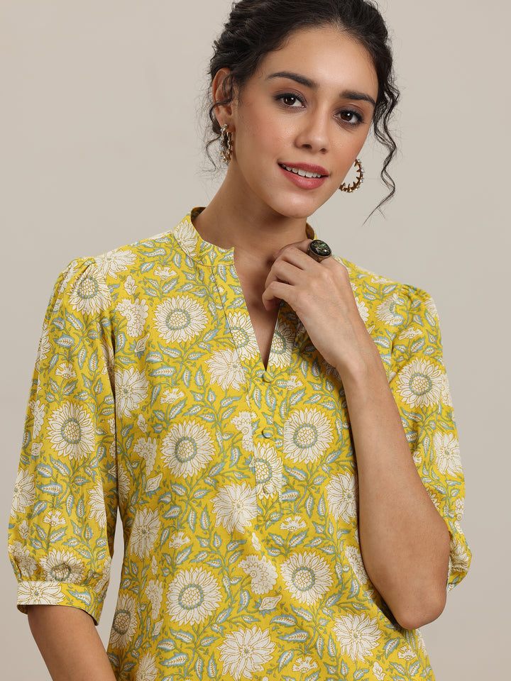 Yellow Printed Cotton Straight Short Kurti
