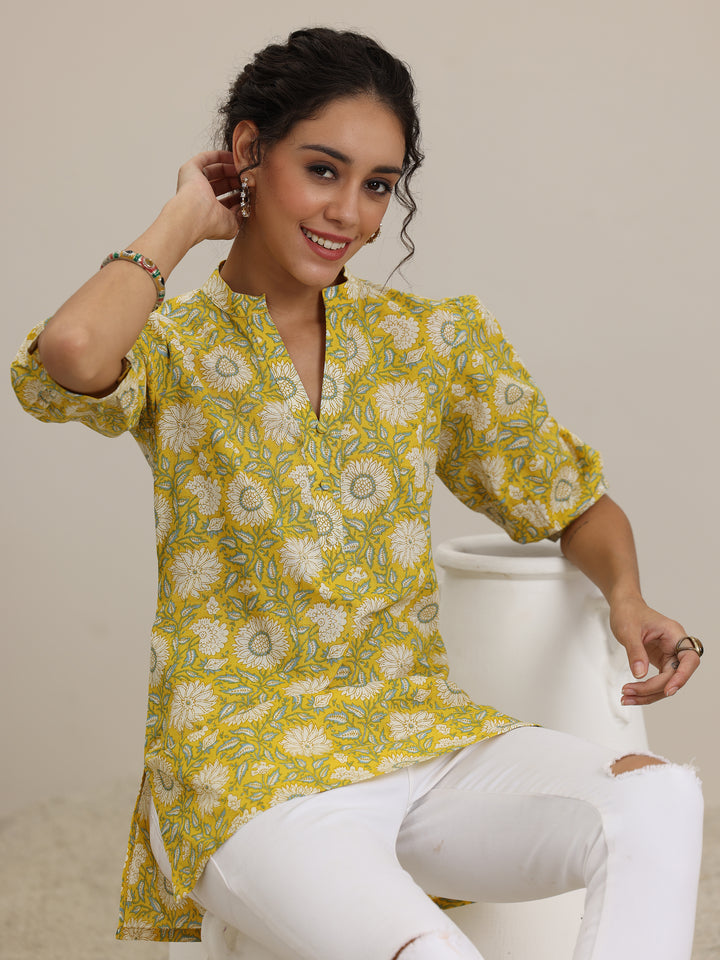 Yellow Printed Cotton Straight Short Kurti
