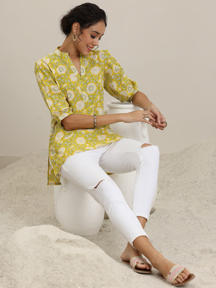 Yellow Printed Cotton Straight Short Kurti