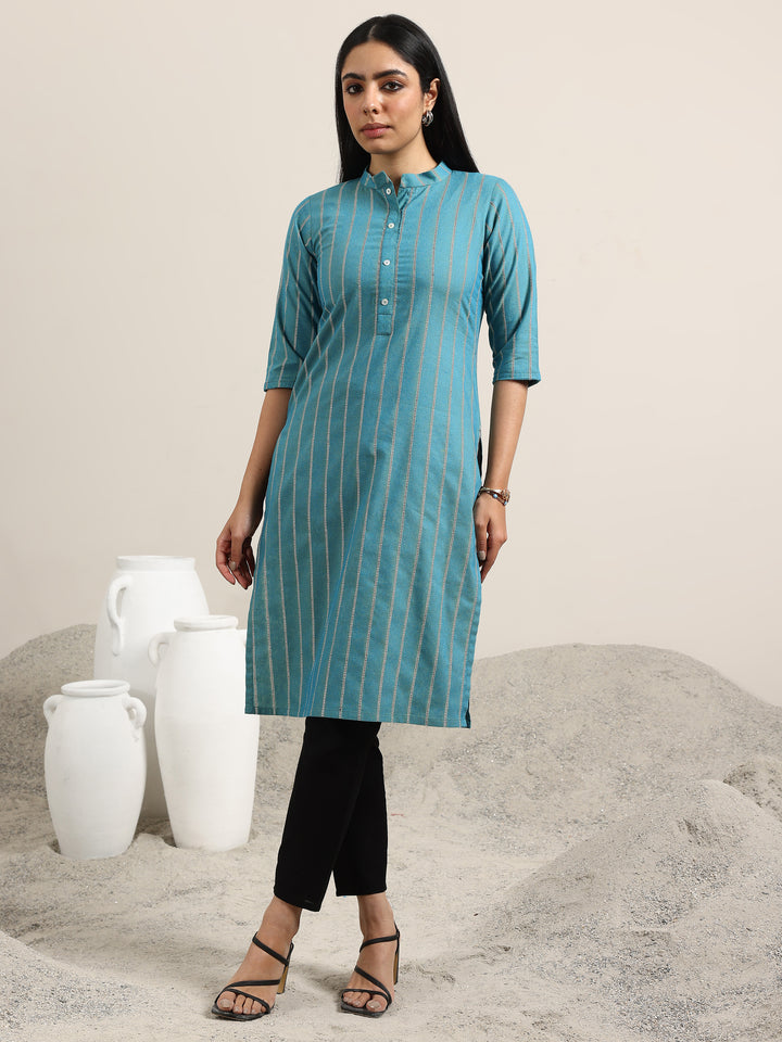 Blue Woven Design Cotton Blend Straight Kurta