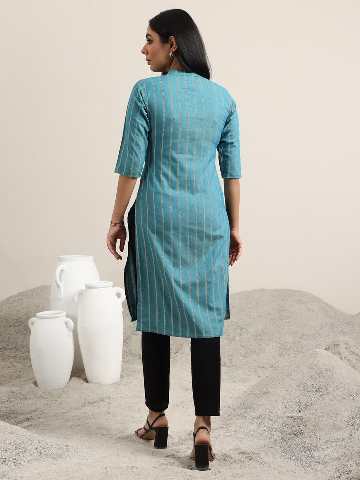Blue Woven Design Cotton Blend Straight Kurta
