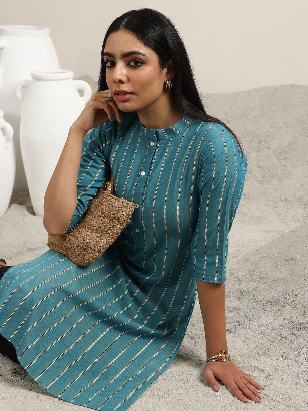 Blue Woven Design Cotton Blend Straight Kurta