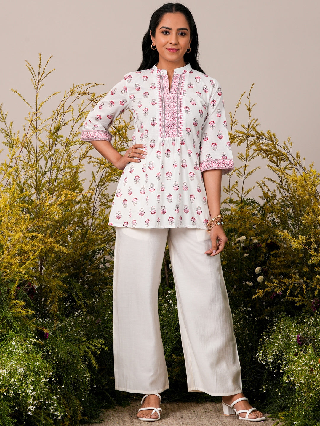 White Printed Cotton Straight Kurti
