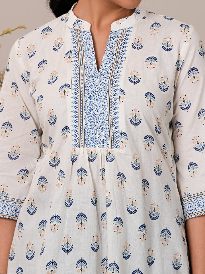 White Printed Cotton A-Line Short Kurti