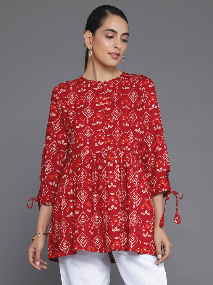 Maroon Printed Rayon A-Line Kurti