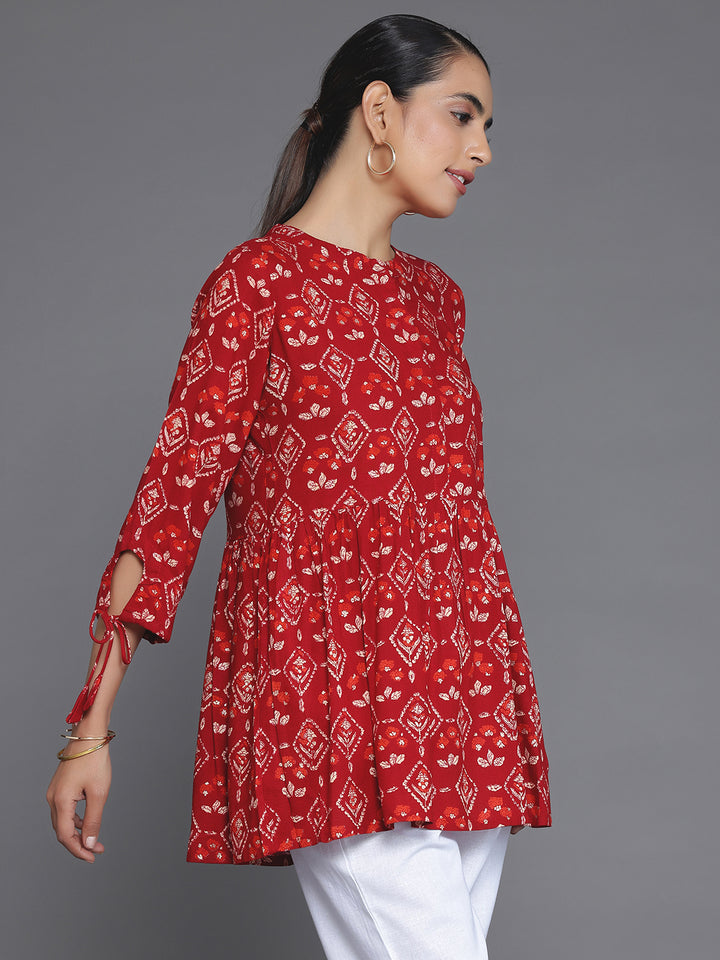 Maroon Printed Rayon A-Line Kurti