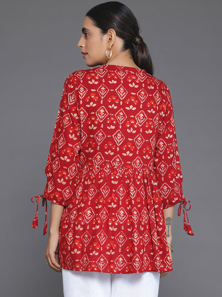 Maroon Printed Rayon A-Line Kurti