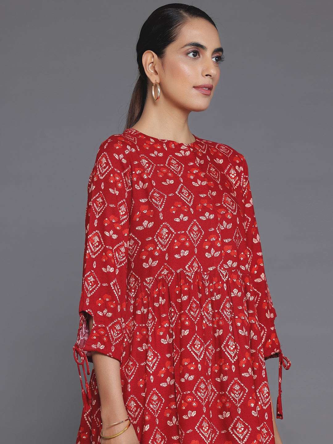 Maroon Printed Rayon A-Line Kurti