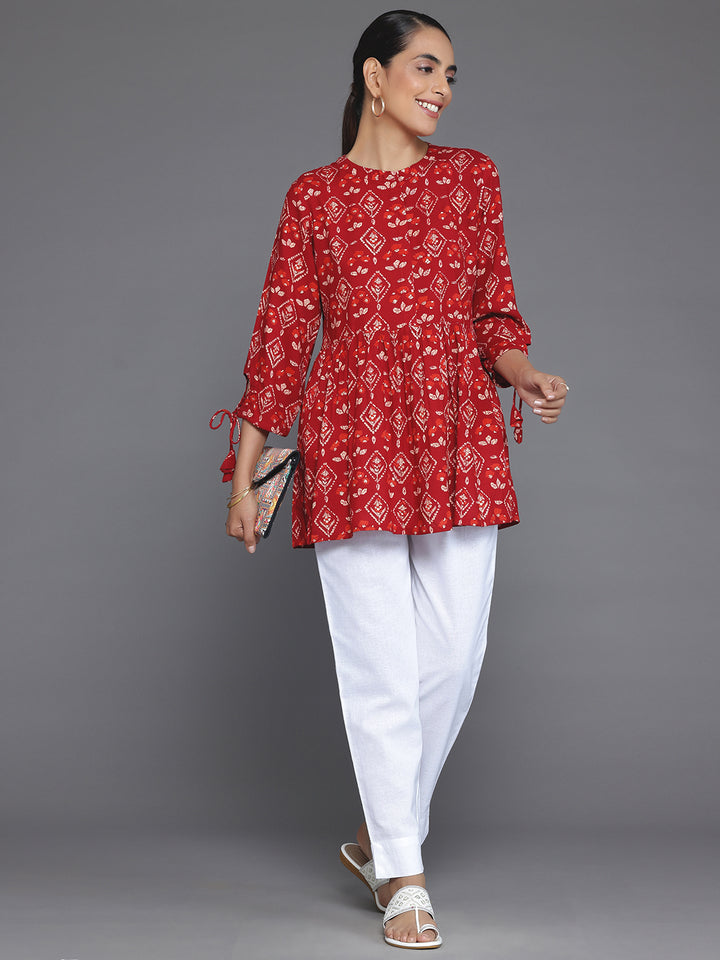 Maroon Printed Rayon A-Line Kurti