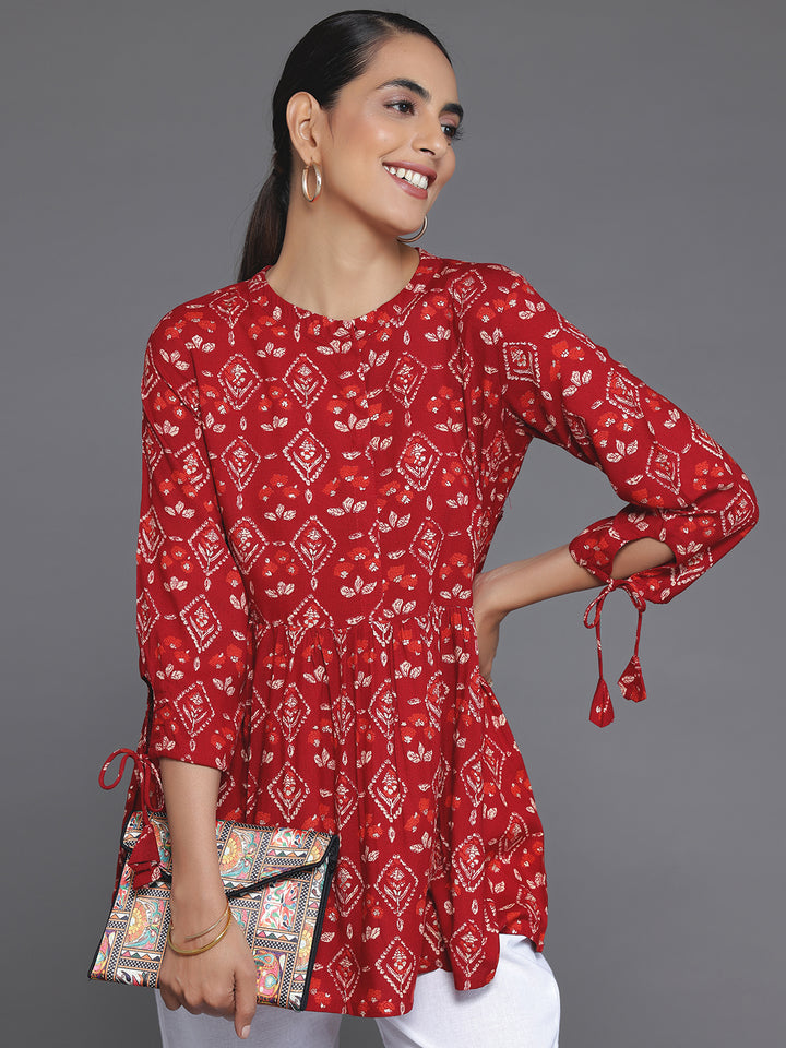 Maroon Printed Rayon A-Line Kurti