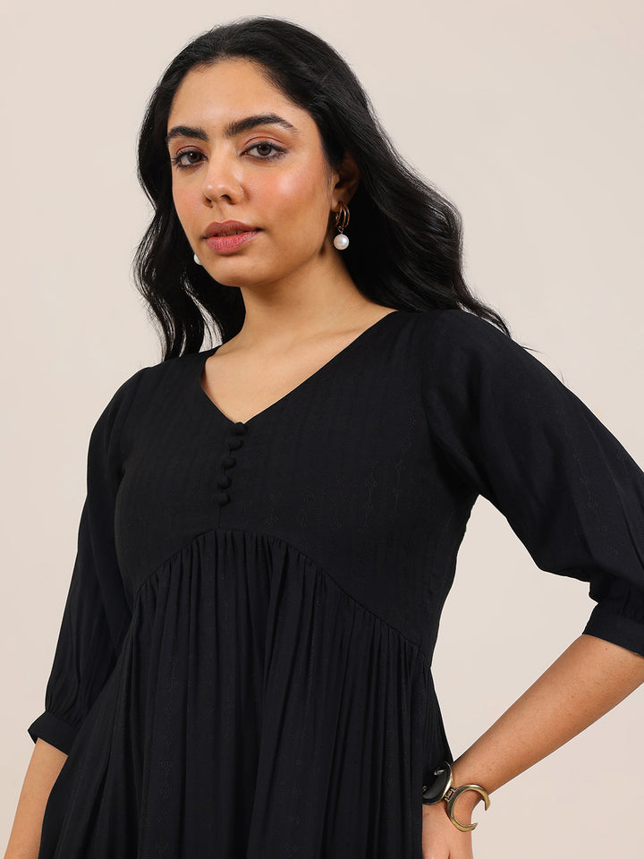 Black Solid Silk Blend Anarkali Short Kurti
