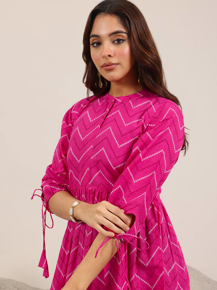 Pink Printed Cotton Anarkali Short Kurti