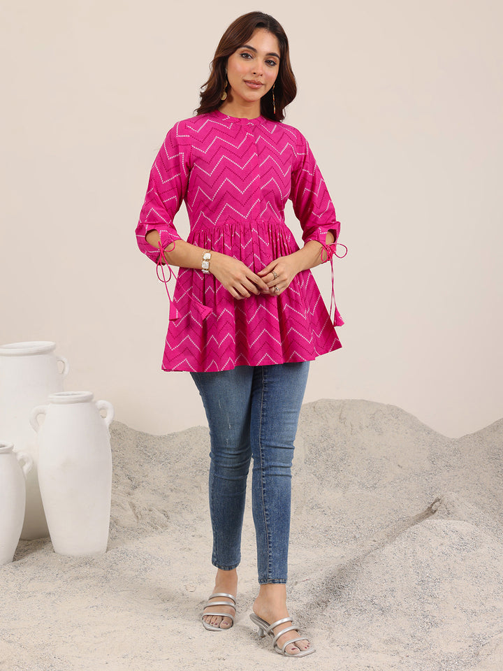 Pink Printed Cotton Anarkali Short Kurti