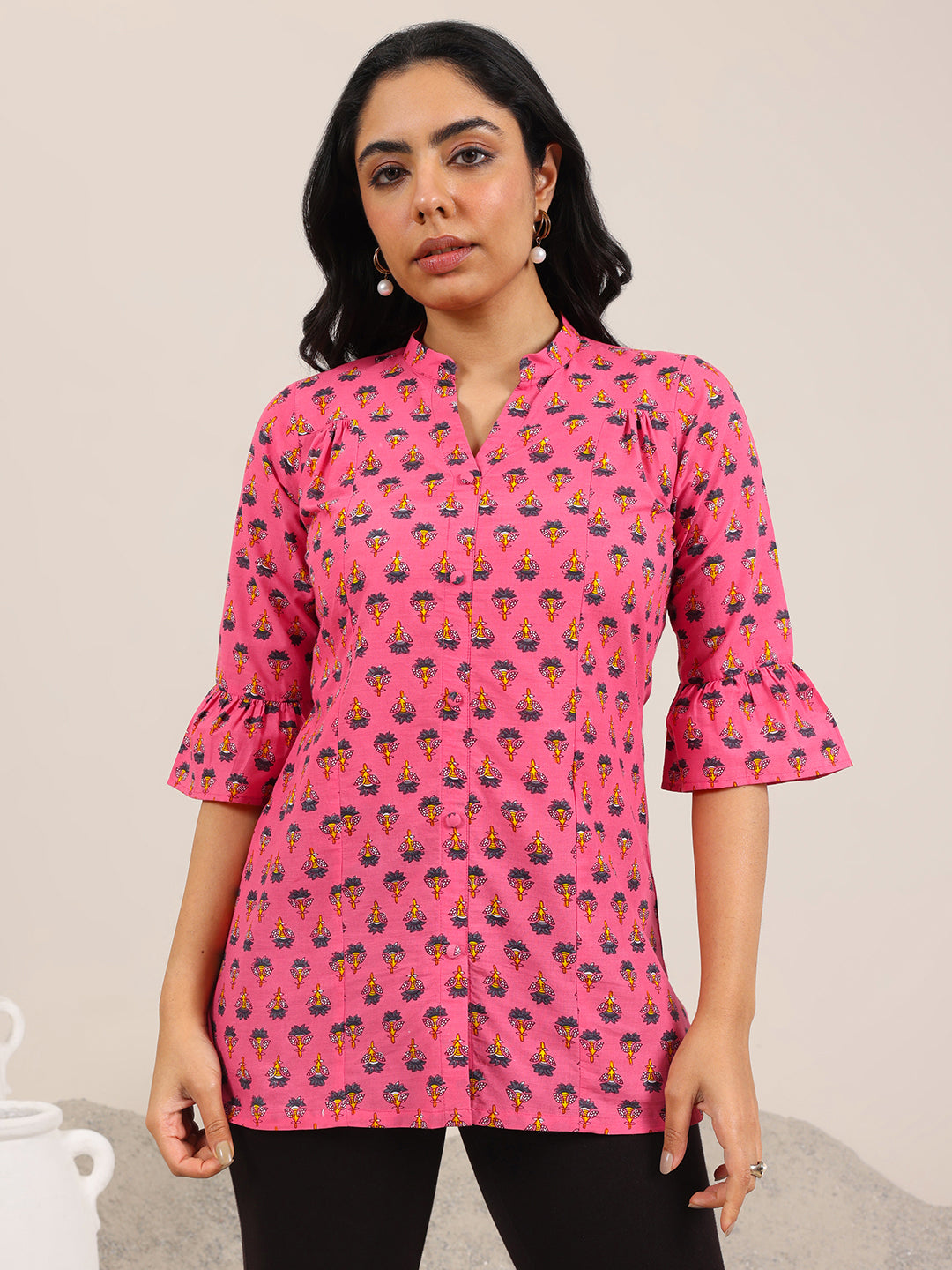 Pink Printed Cotton Straight Short Kurti