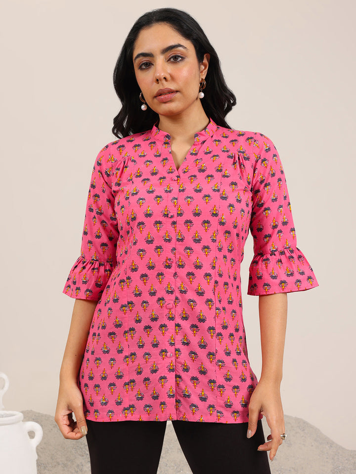 Pink Printed Cotton Straight Short Kurti