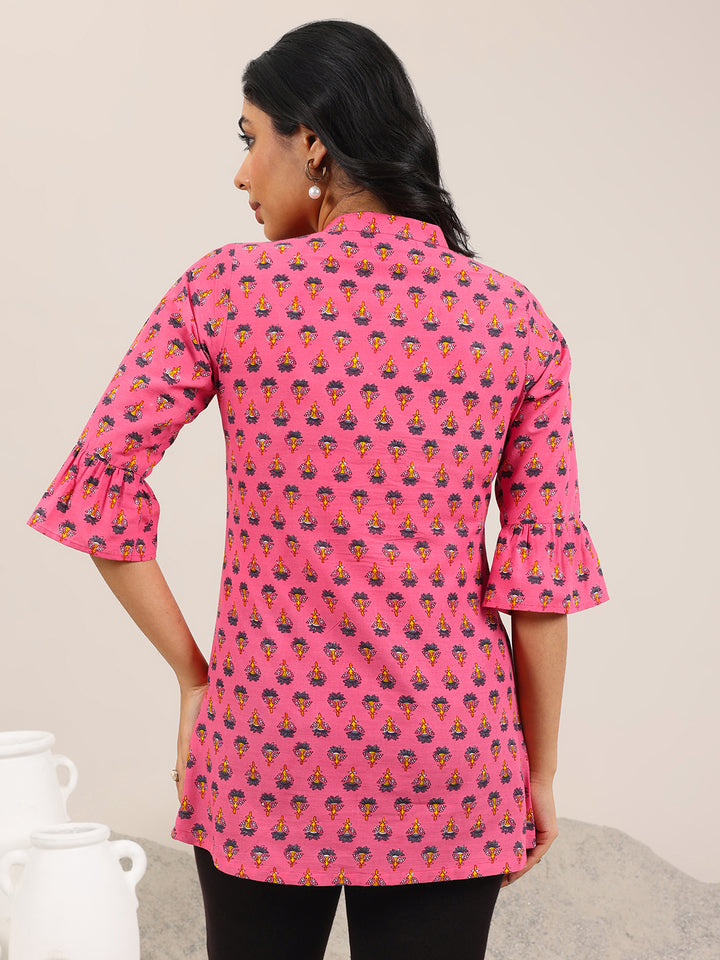 Pink Printed Cotton Straight Short Kurti