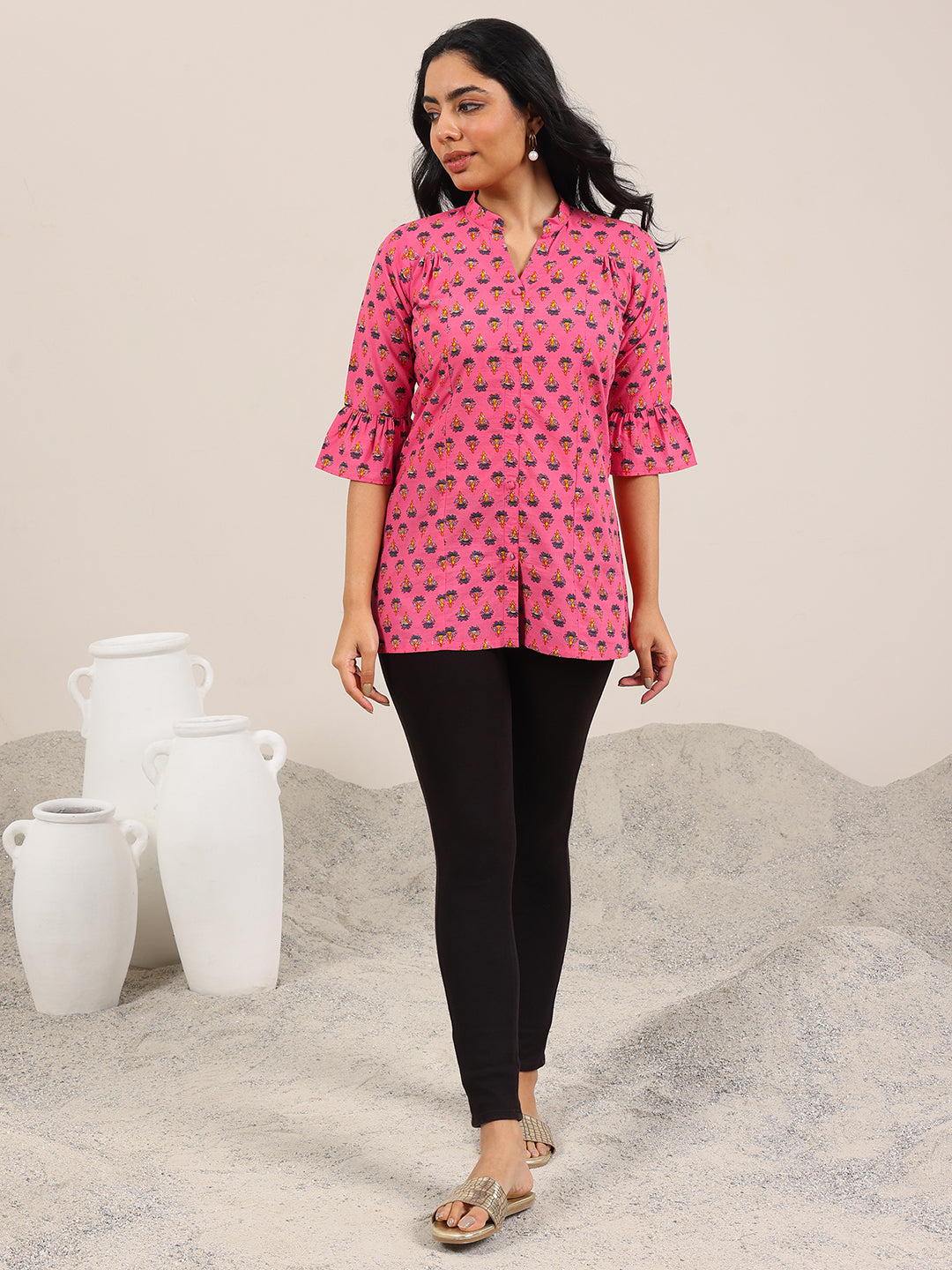 Pink Printed Cotton Straight Short Kurti