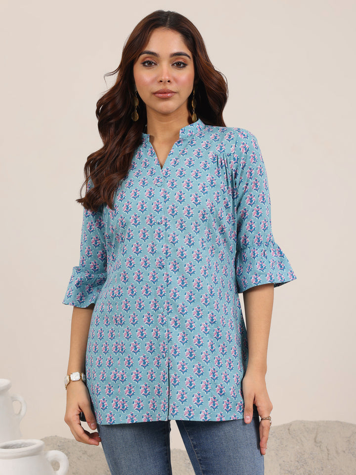 Blue Printed Cotton Straight Short Kurti
