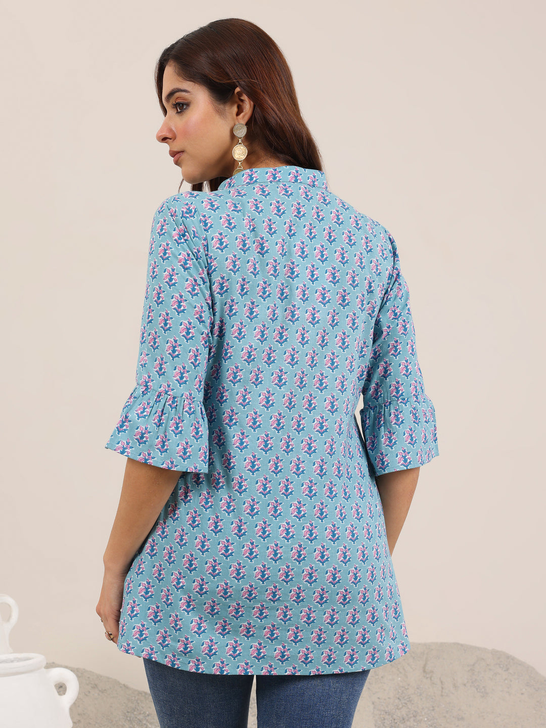 Blue Printed Cotton Straight Short Kurti