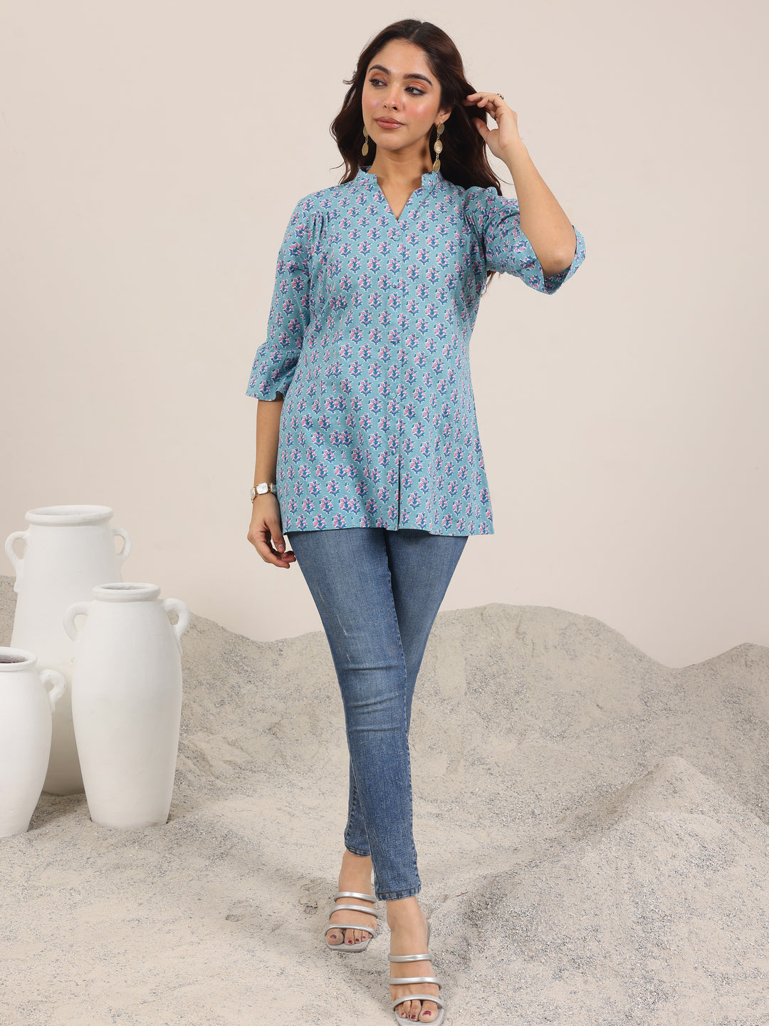 Blue Printed Cotton Straight Short Kurti