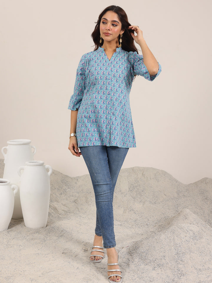 Blue Printed Cotton Straight Short Kurti