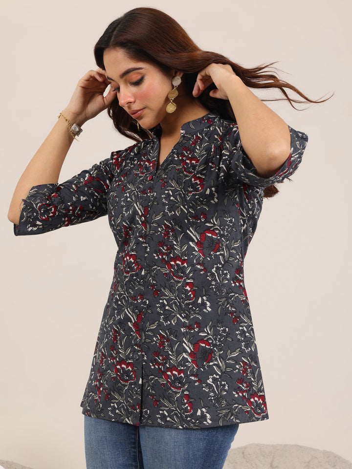 Grey Printed Cotton Straight Short Kurti