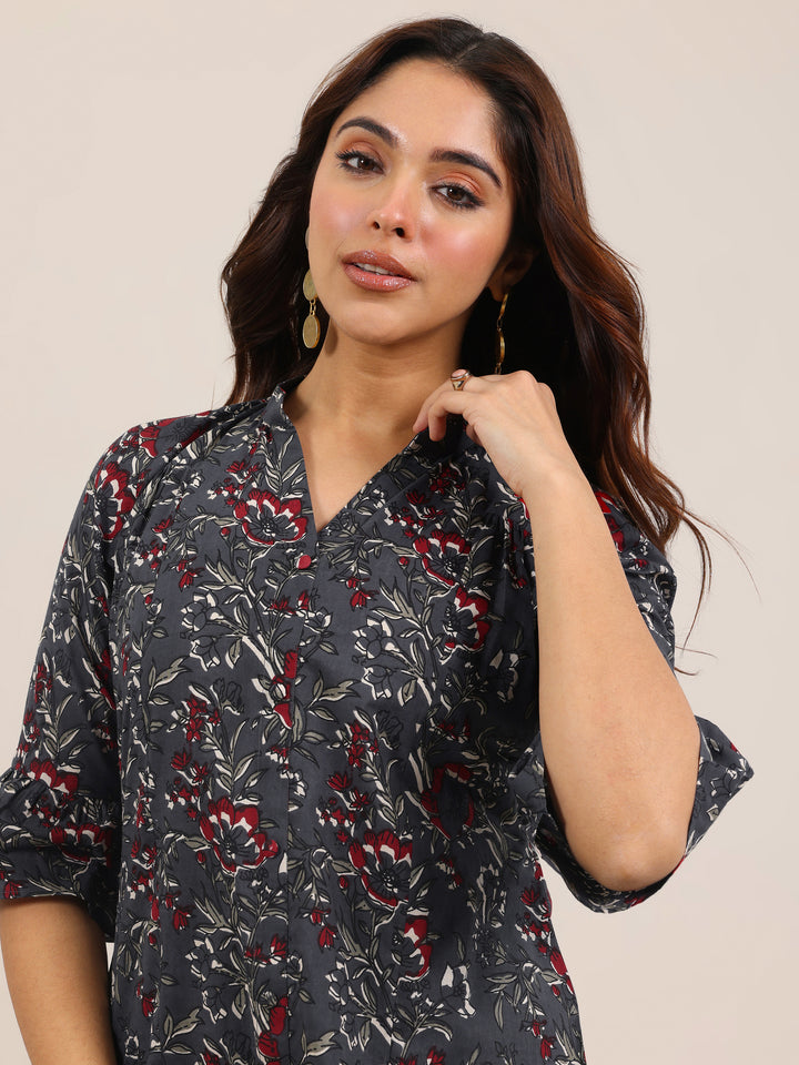 Grey Printed Cotton Straight Short Kurti