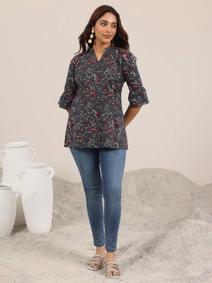 Grey Printed Cotton Straight Short Kurti