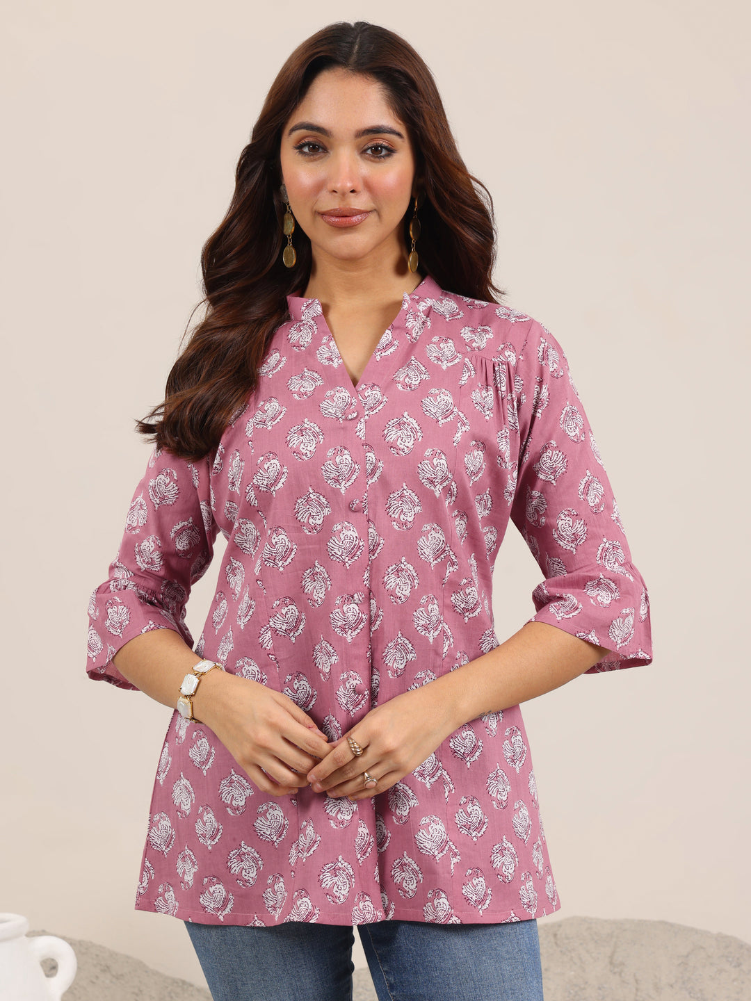 Mauve Printed Cotton Straight Short Kurti