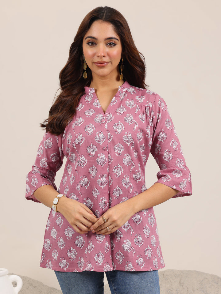 Mauve Printed Cotton Straight Short Kurti