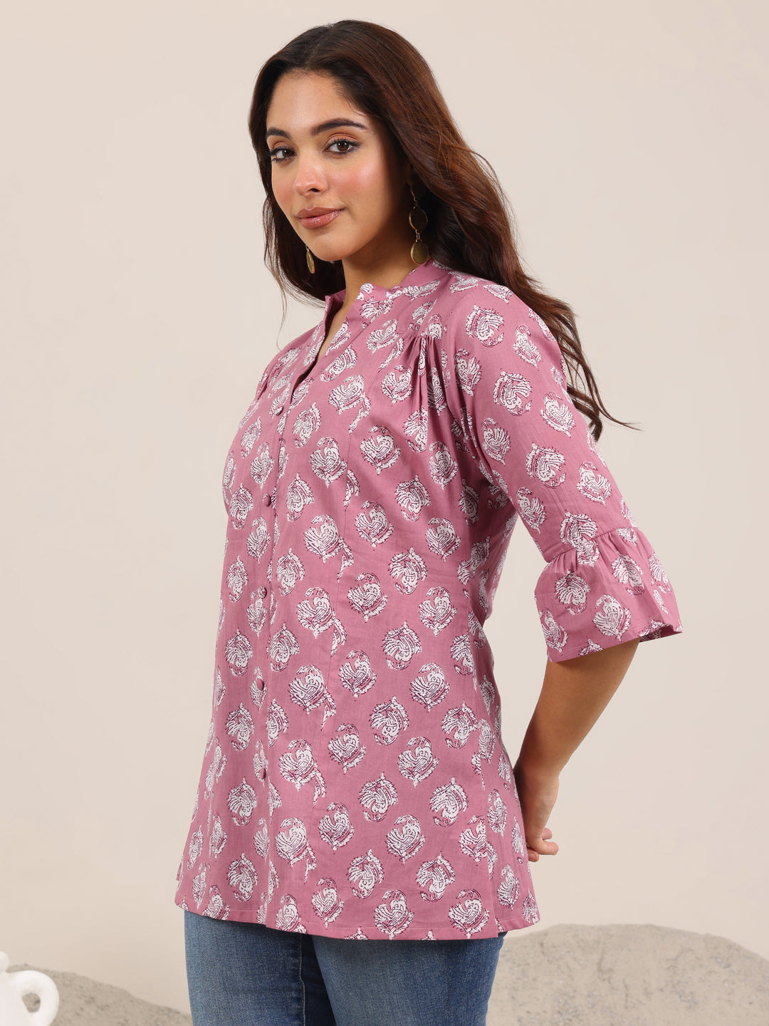 Mauve Printed Cotton Straight Short Kurti
