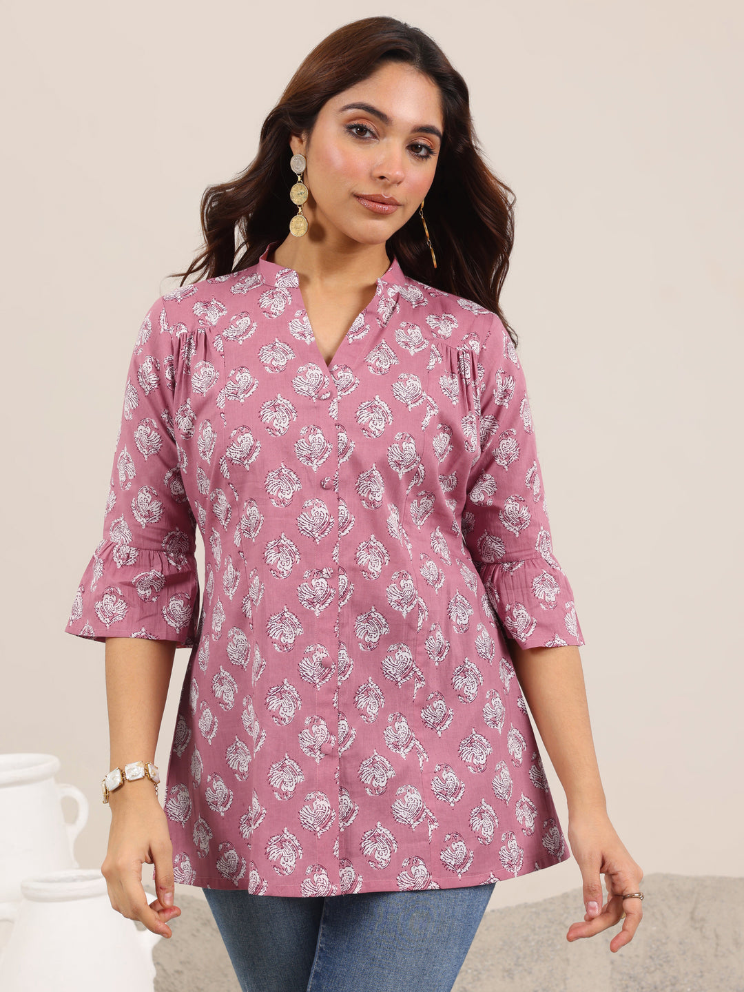 Mauve Printed Cotton Straight Short Kurti