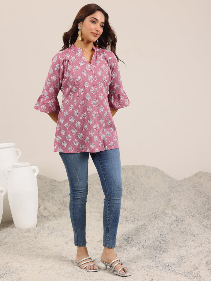 Mauve Printed Cotton Straight Short Kurti