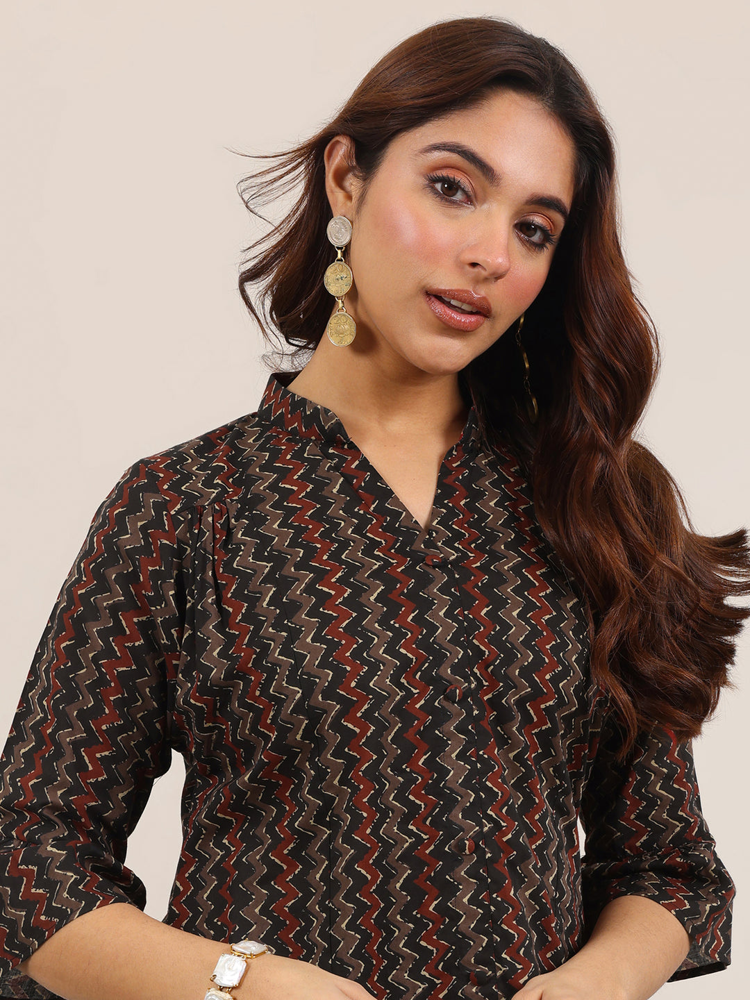 Black Printed Cotton Straight Short Kurti