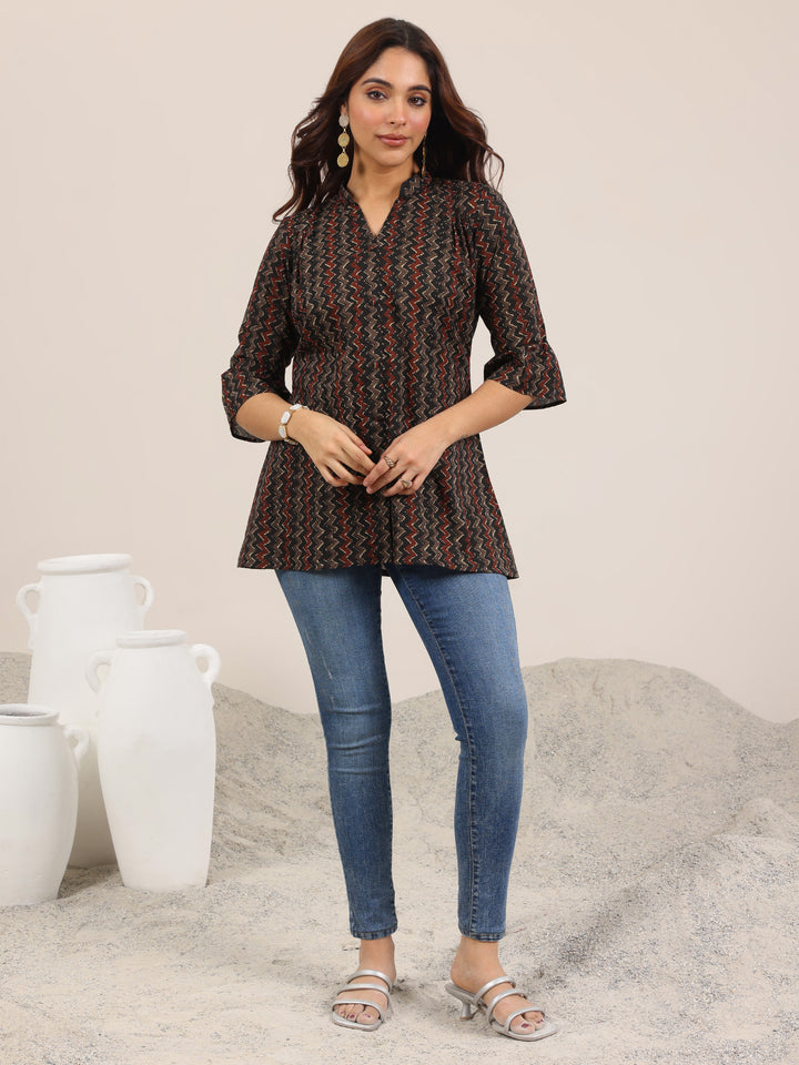 Black Printed Cotton Straight Short Kurti