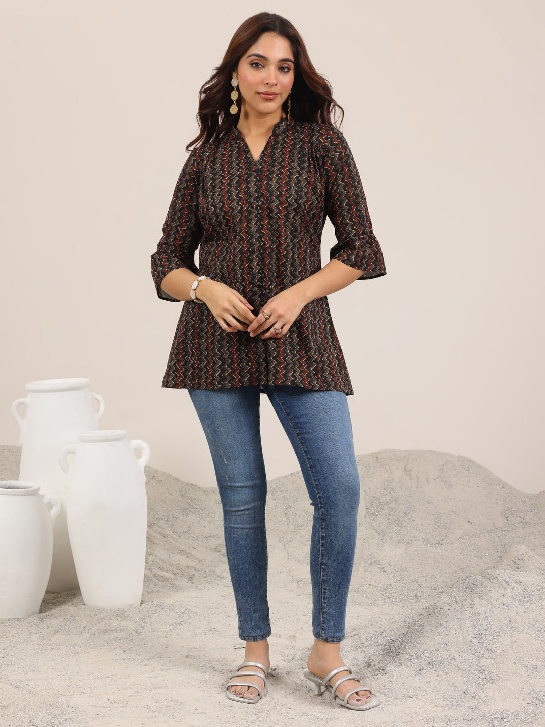 Black Printed Cotton Straight Short Kurti