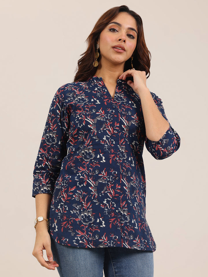 Blue Printed Cotton Straight Short Kurti