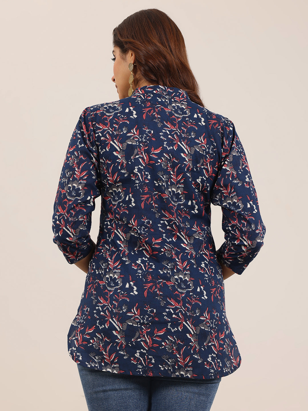 Blue Printed Cotton Straight Short Kurti