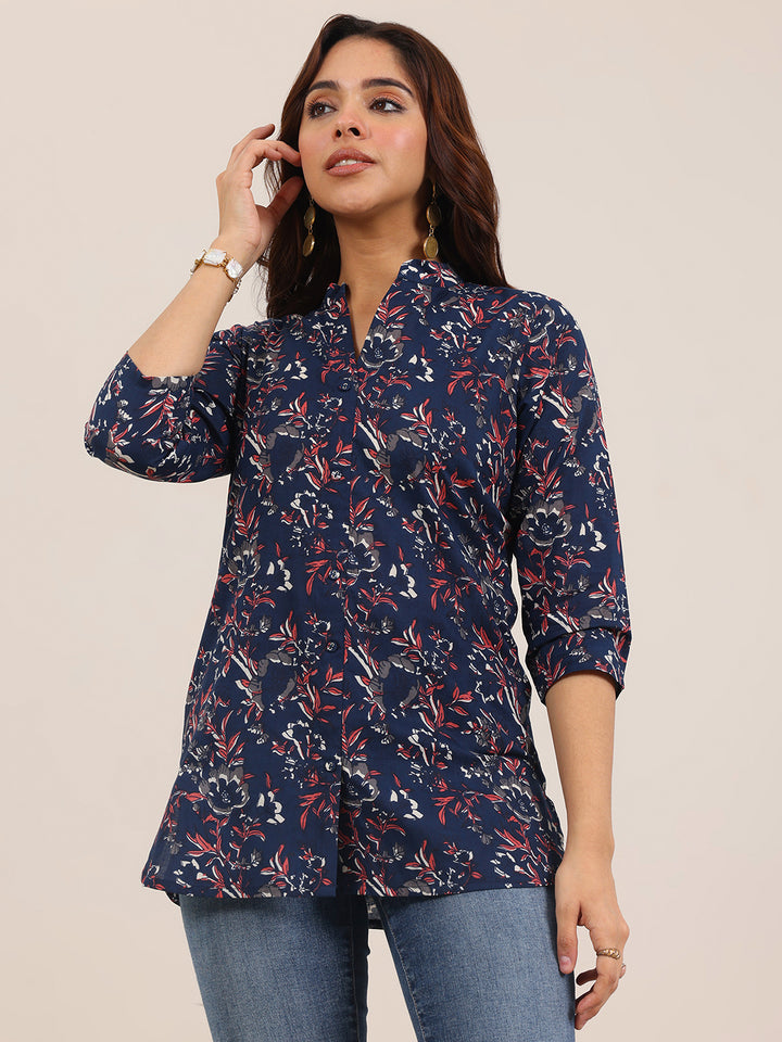 Blue Printed Cotton Straight Short Kurti