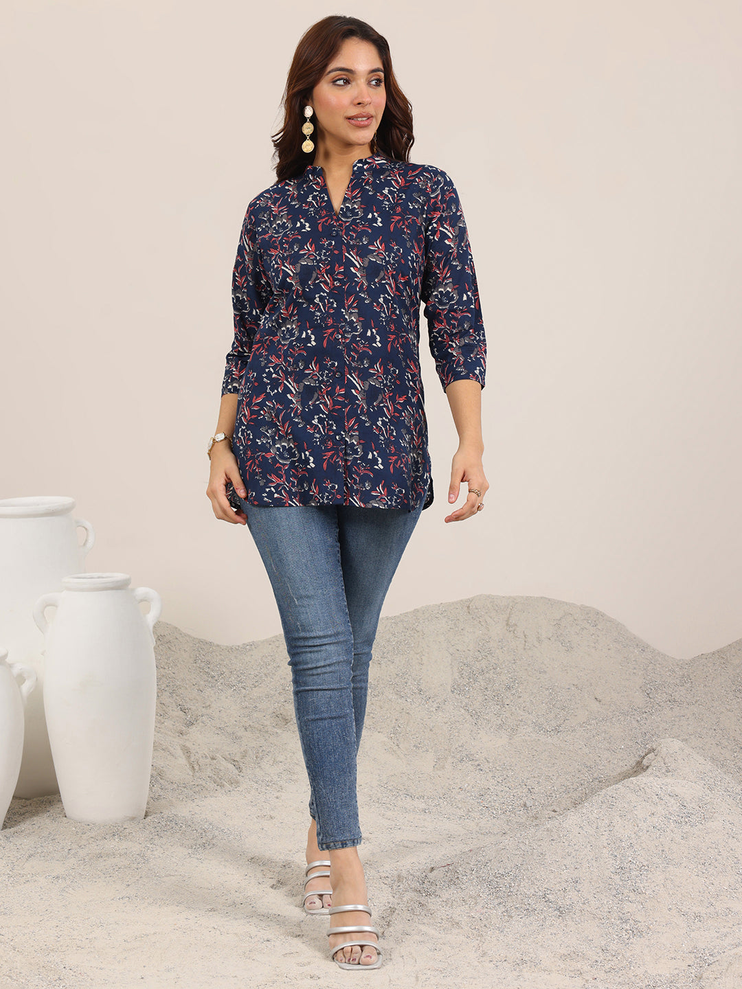 Blue Printed Cotton Straight Short Kurti