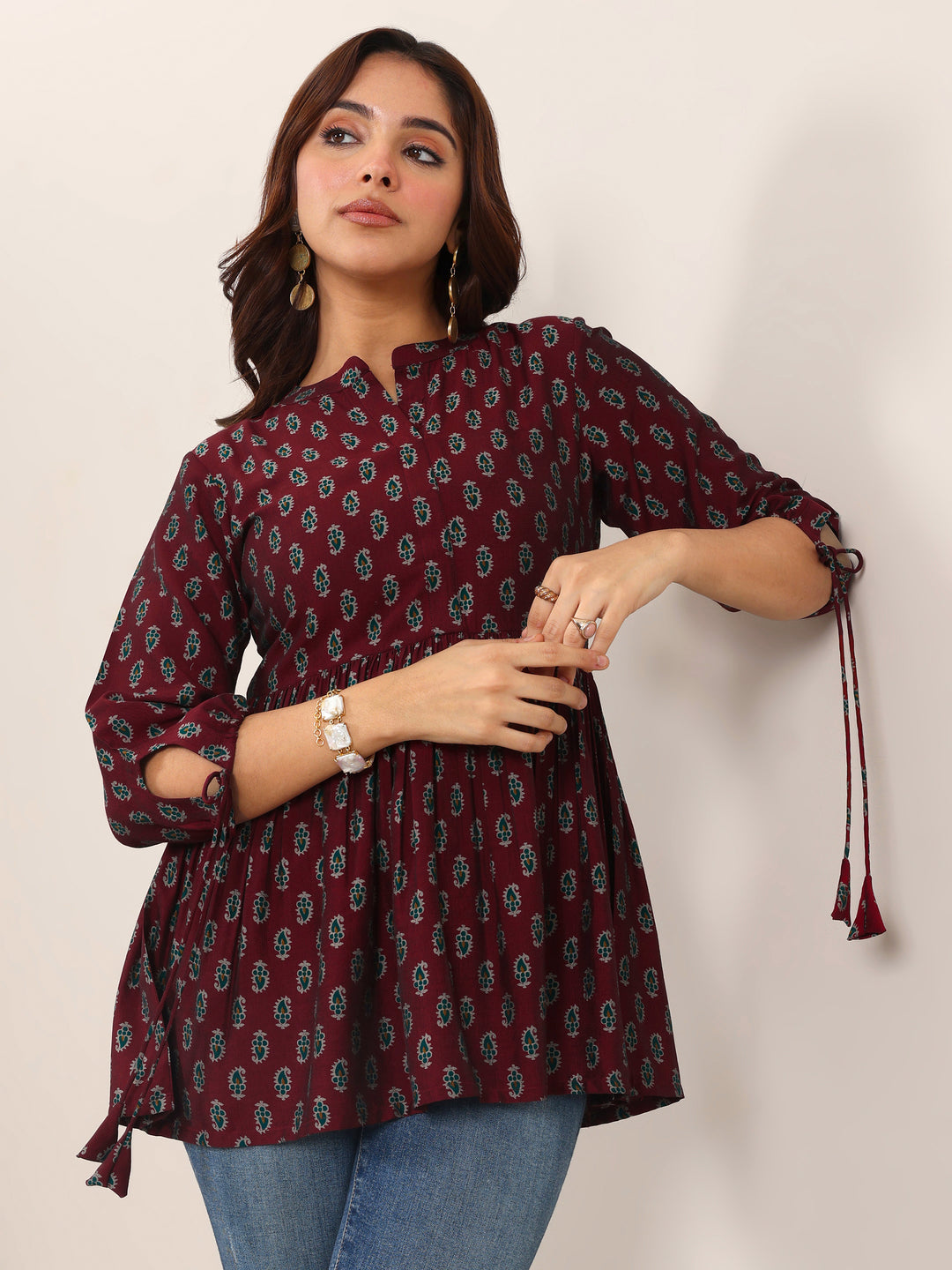 Maroon Printed Silk Blend Anarkali Short Kurti