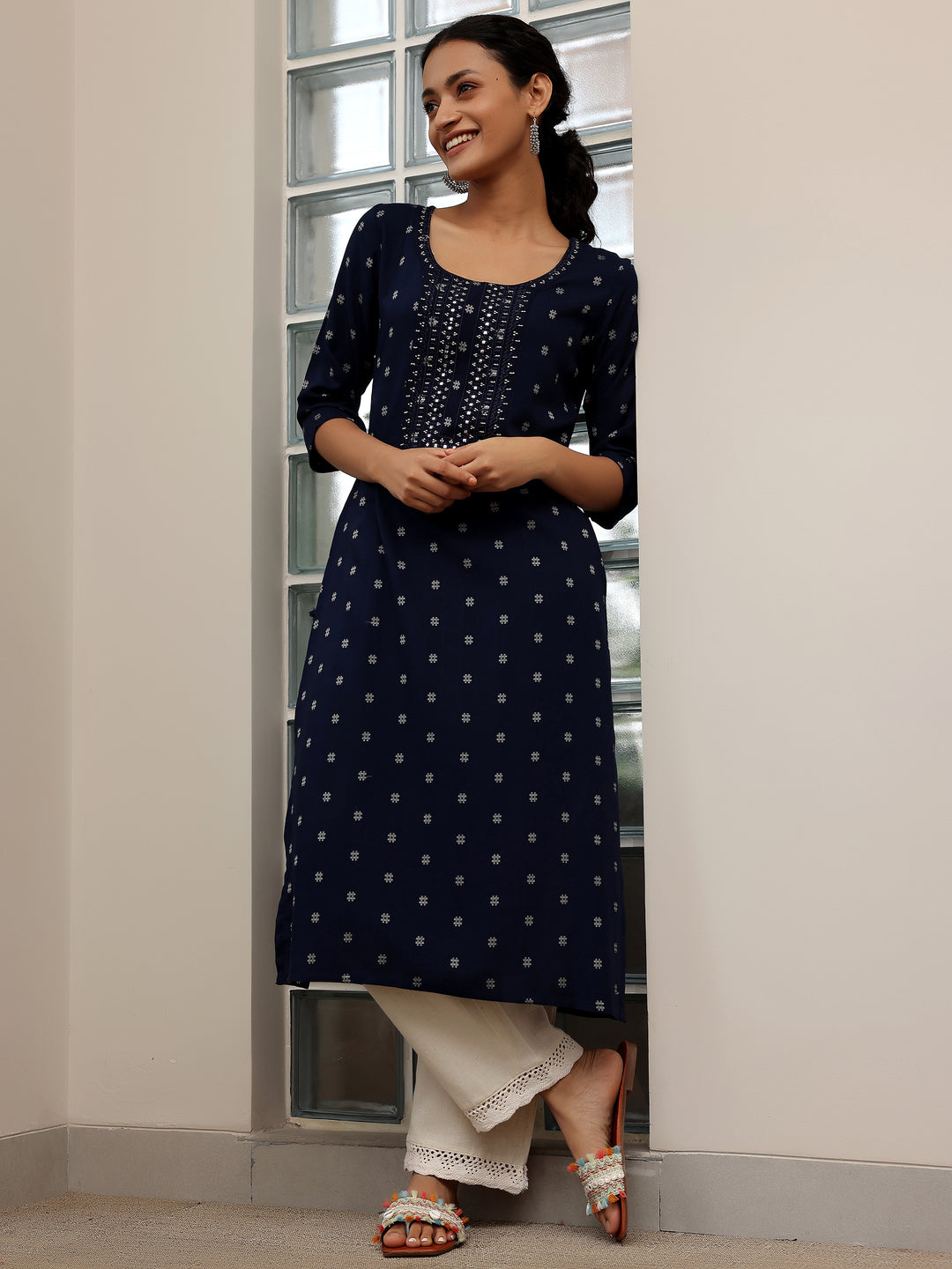 Blue Woven Design Cotton Straight Kurtas