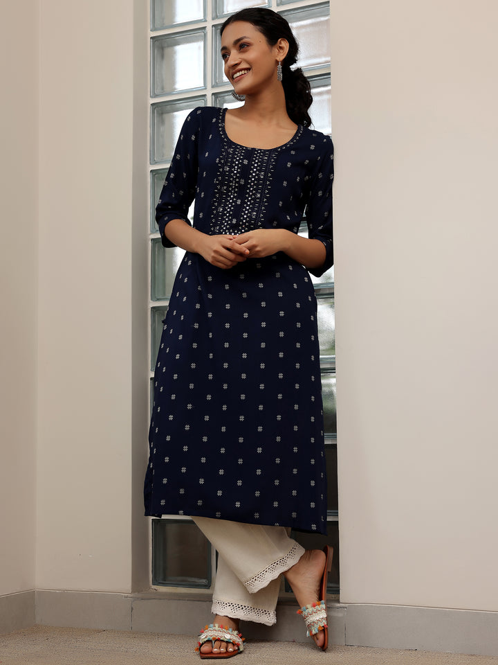 Blue Woven Design Cotton Straight Kurtas