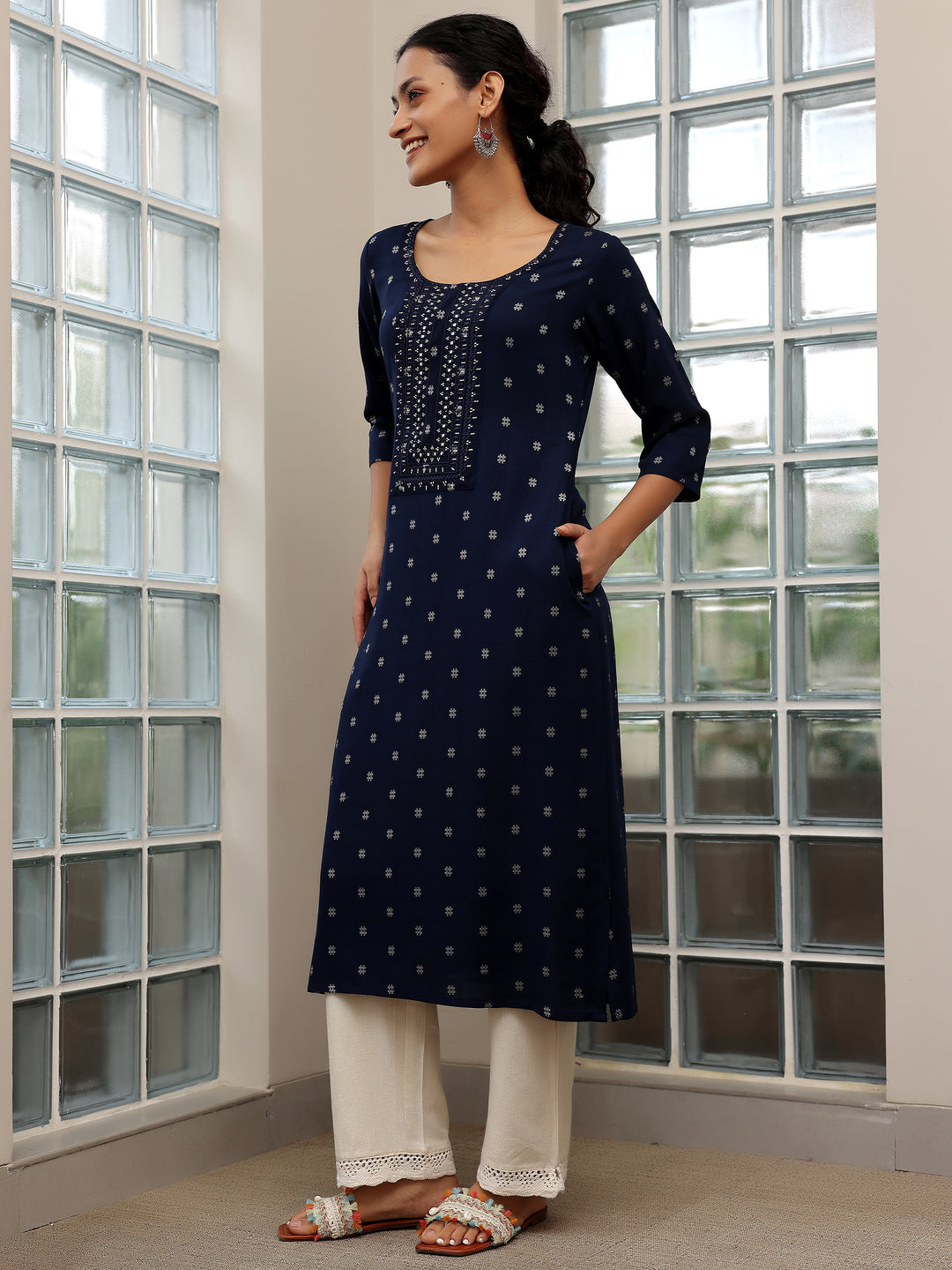Blue Woven Design Cotton Straight Kurtas