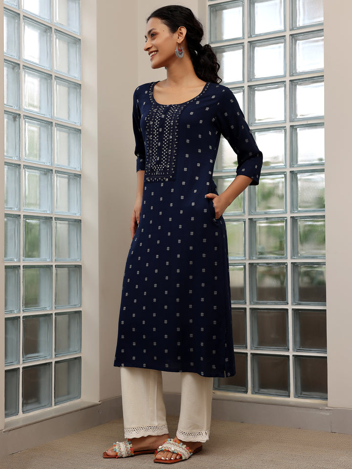 Blue Woven Design Cotton Straight Kurtas