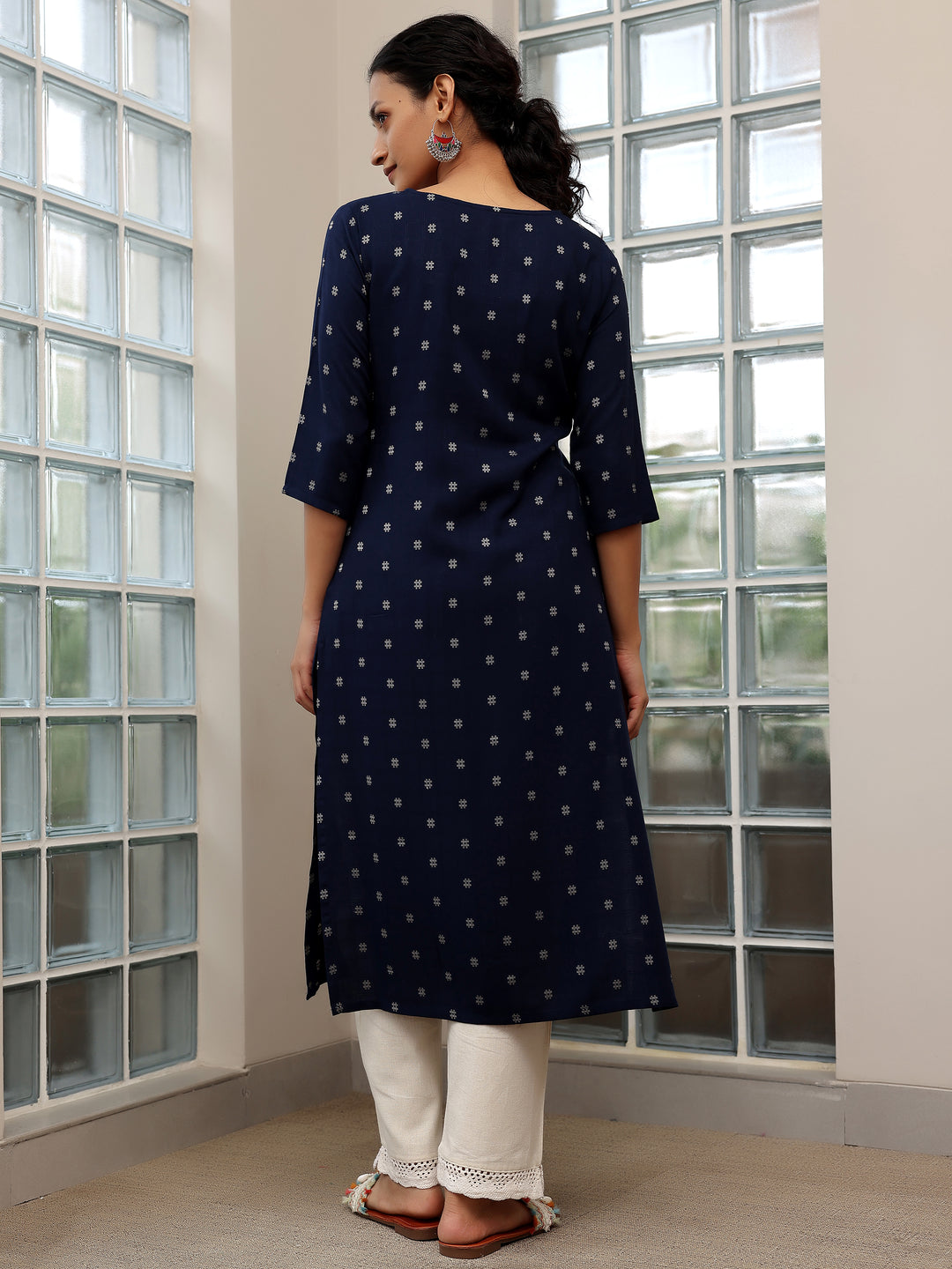 Blue Woven Design Cotton Straight Kurtas