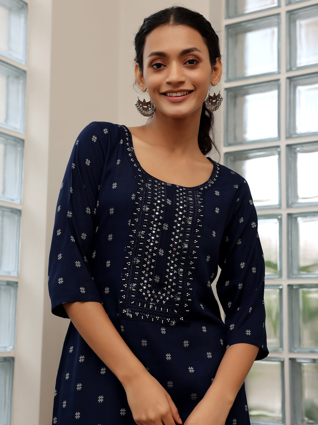 Blue Woven Design Cotton Straight Kurtas