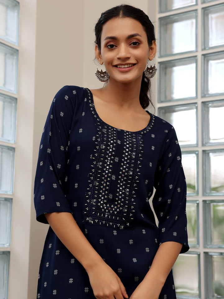 Blue Woven Design Cotton Straight Kurtas