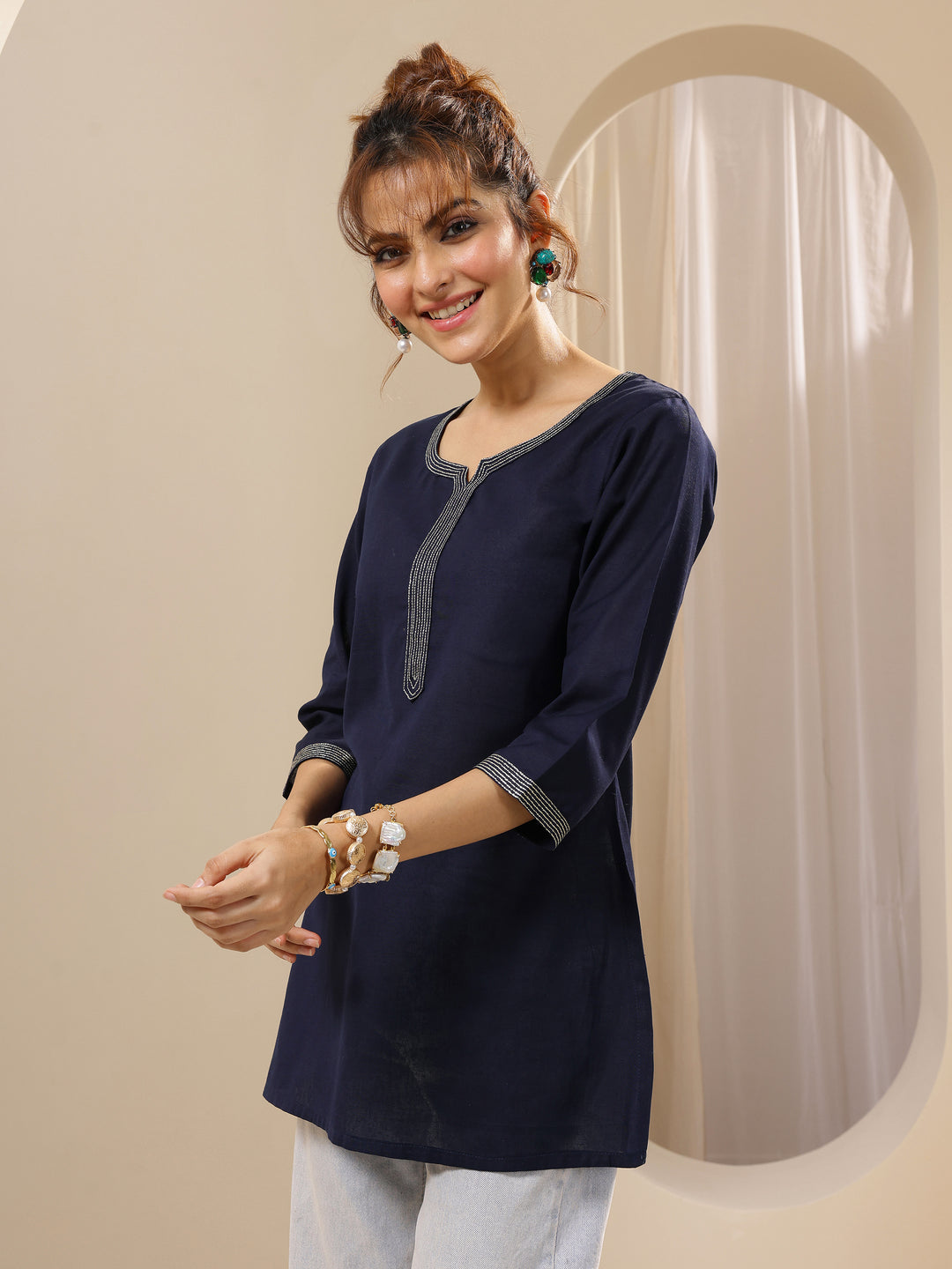 Blue Solid Cotton Straight Short Kurti