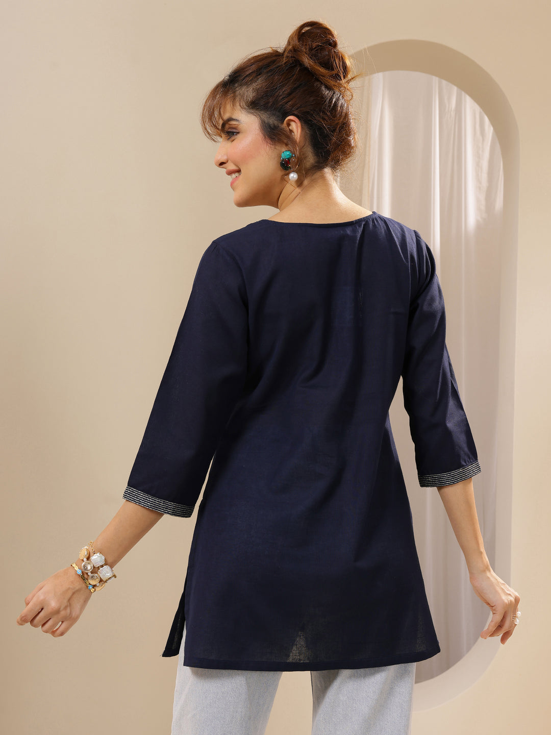 Blue Solid Cotton Straight Short Kurti